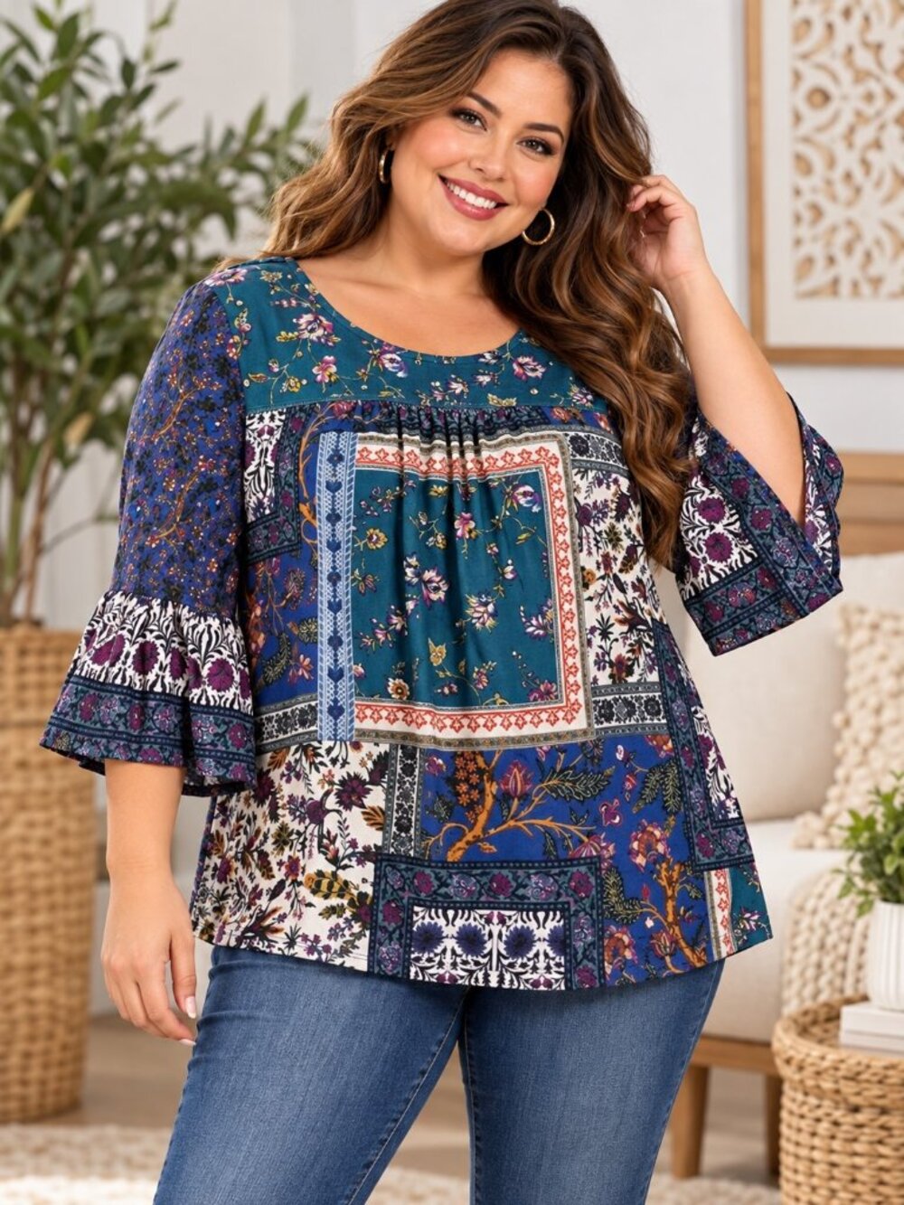 New Direction Woman Multicolor Scoop Neck Bell Sleeve Blouse Womens Size 0X NWT